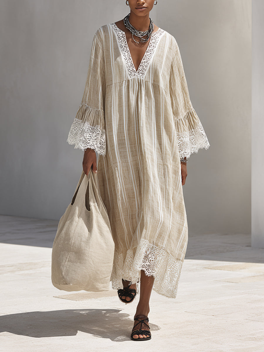 Minimalist striped maxi dress with lace-trim paneling
