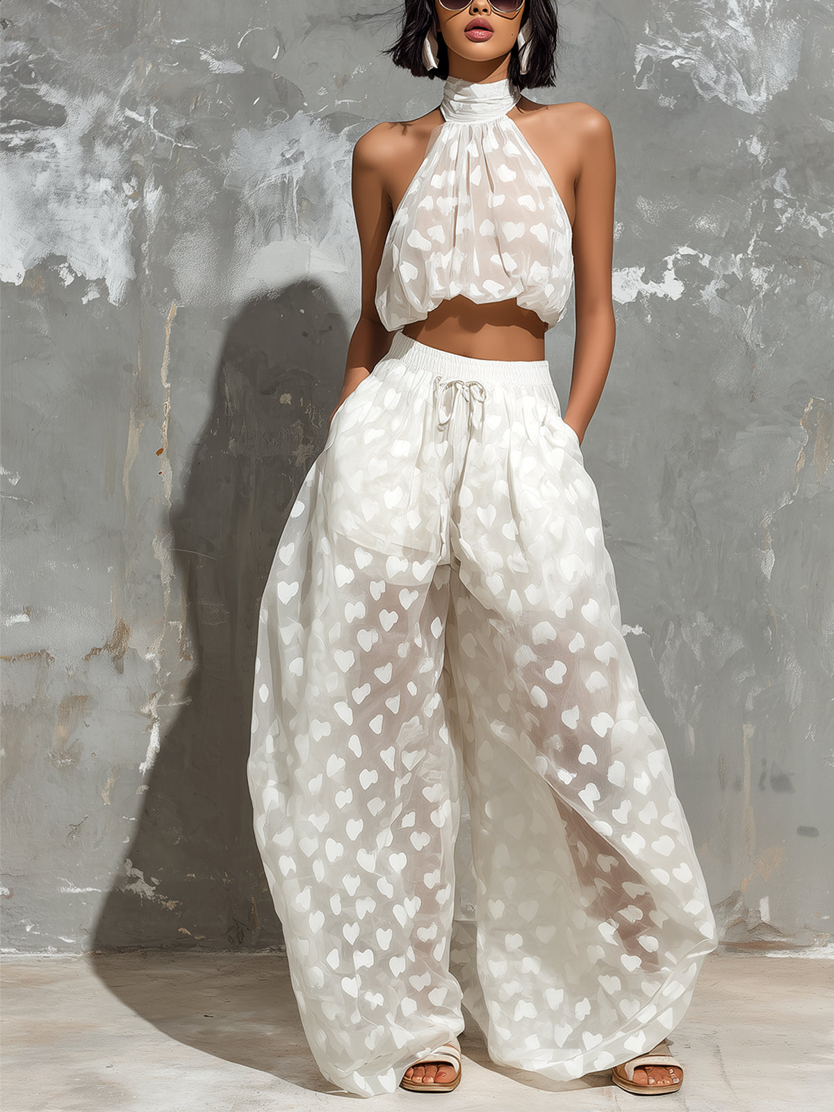 Chic Sheer Organza Print Tank Top Wide-Leg Pants Two-Piece Set