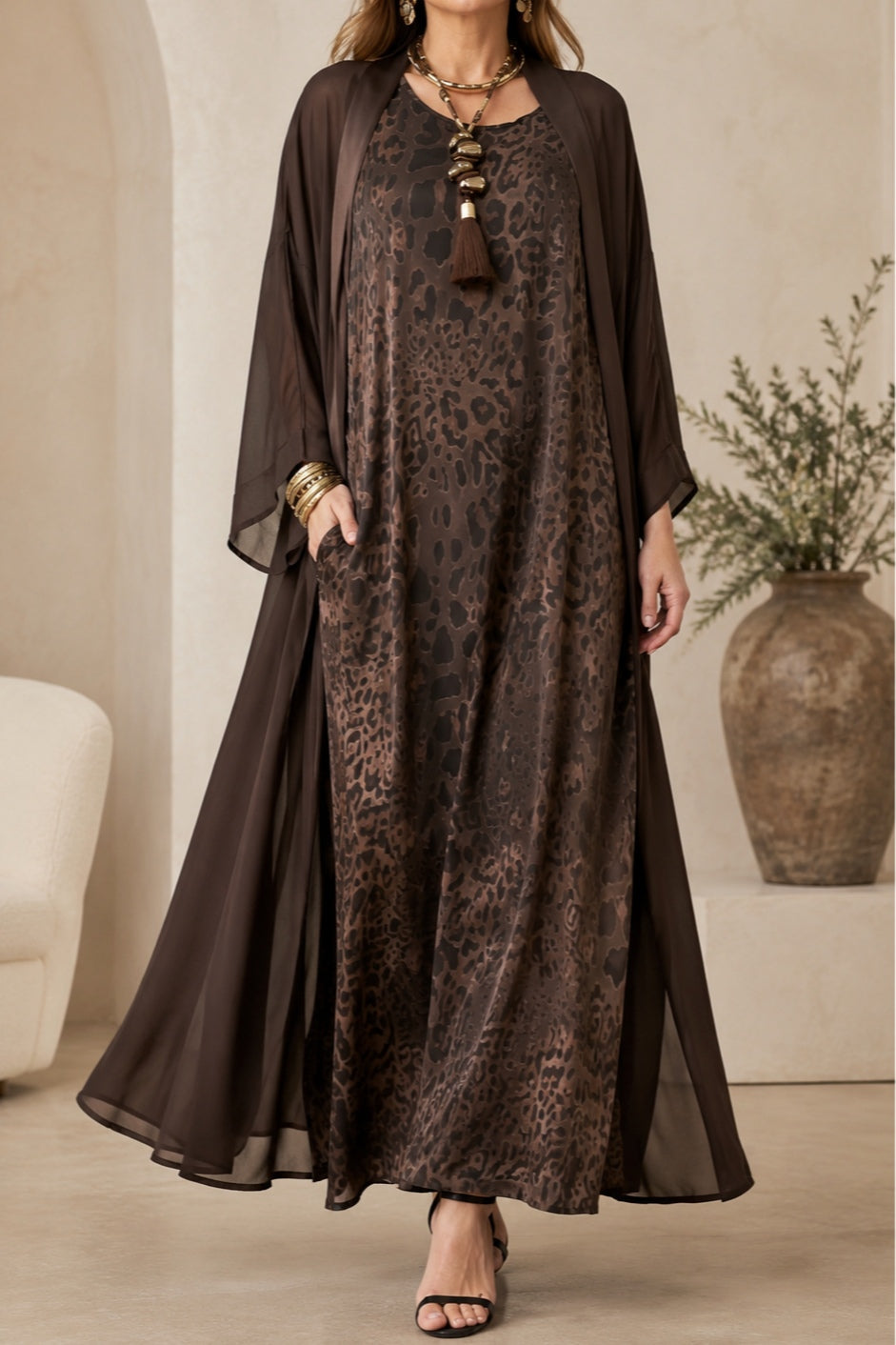 Brown Leopard Print Maxi Dress with Sheer Duster Set