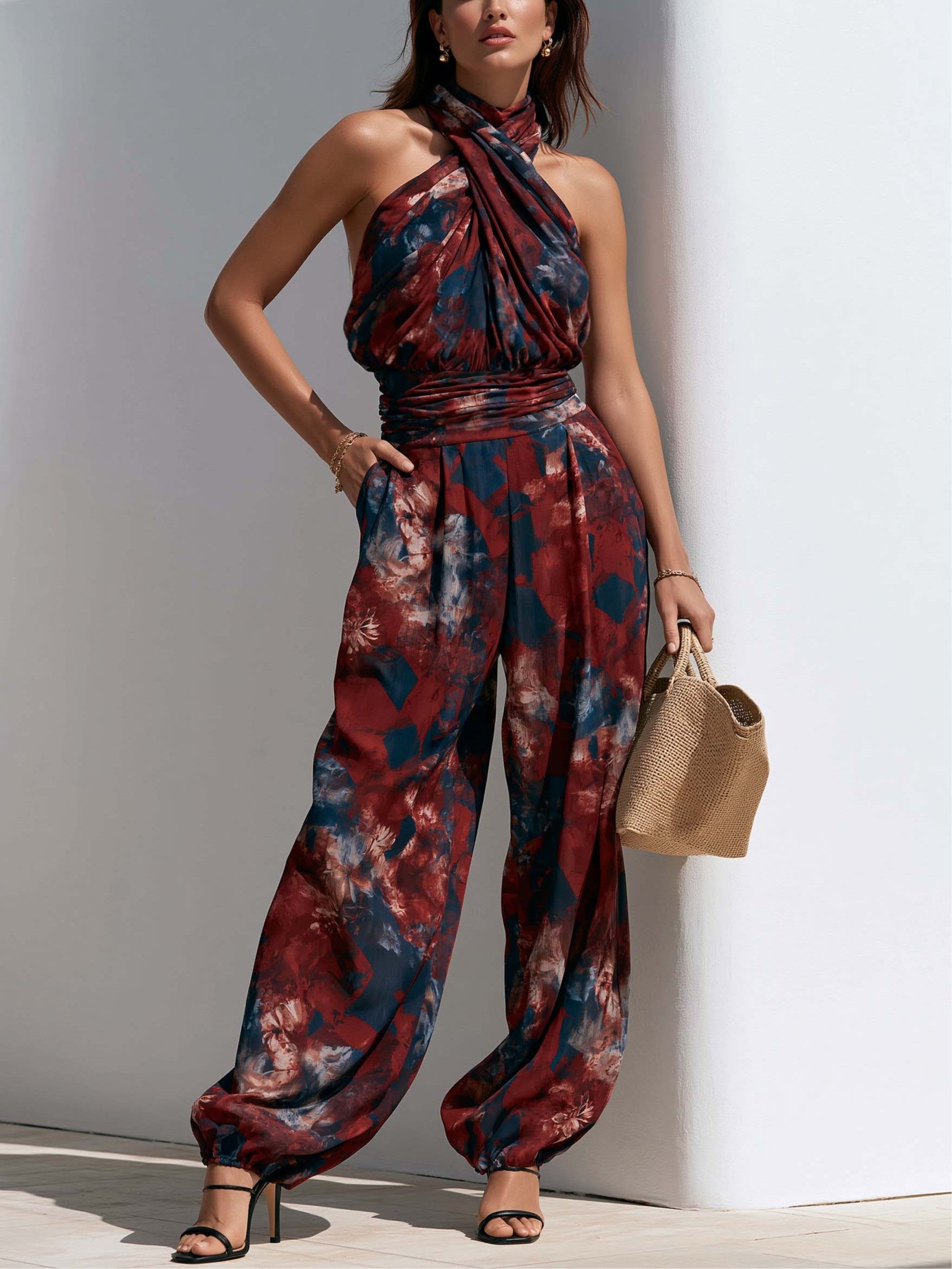 Red and Blue Abstract Print Crisscross Halter Jumpsuit