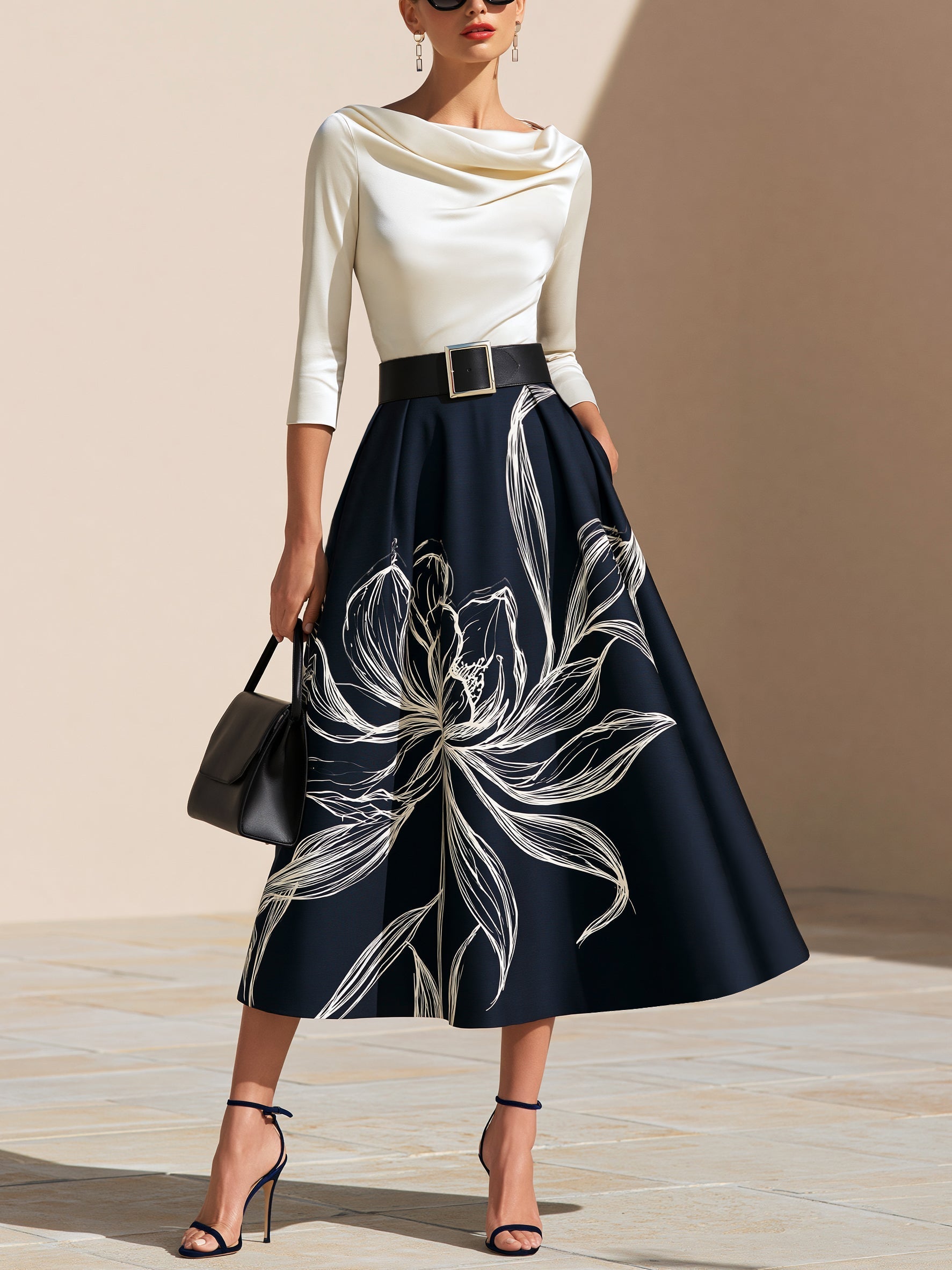 Elegant Layered Top and Printed Midi Skirt Set (Belt Included)