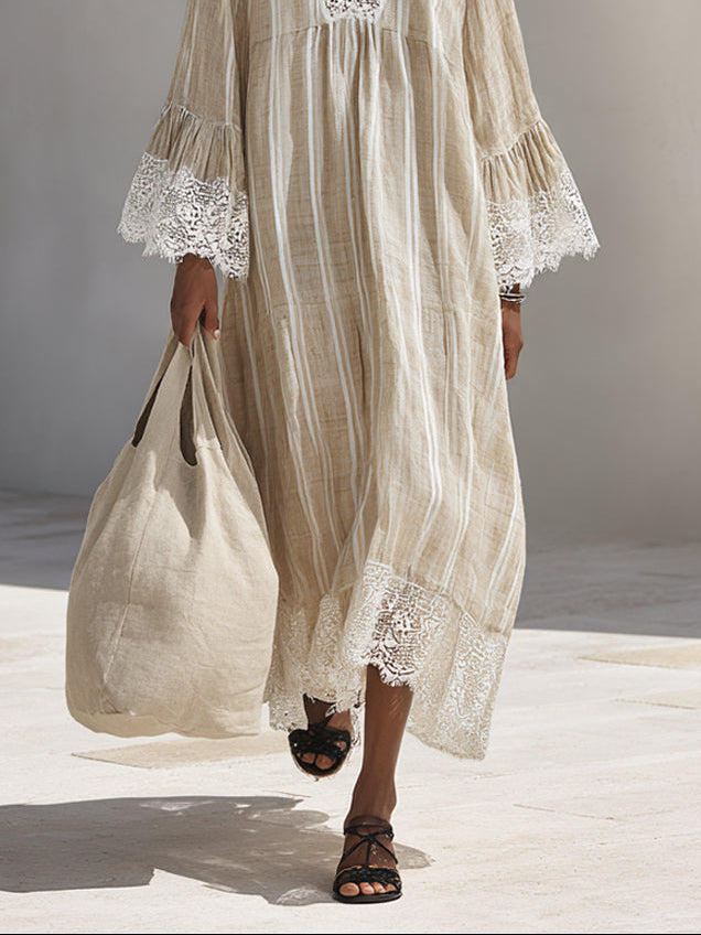 Minimalist striped maxi dress with lace-trim paneling
