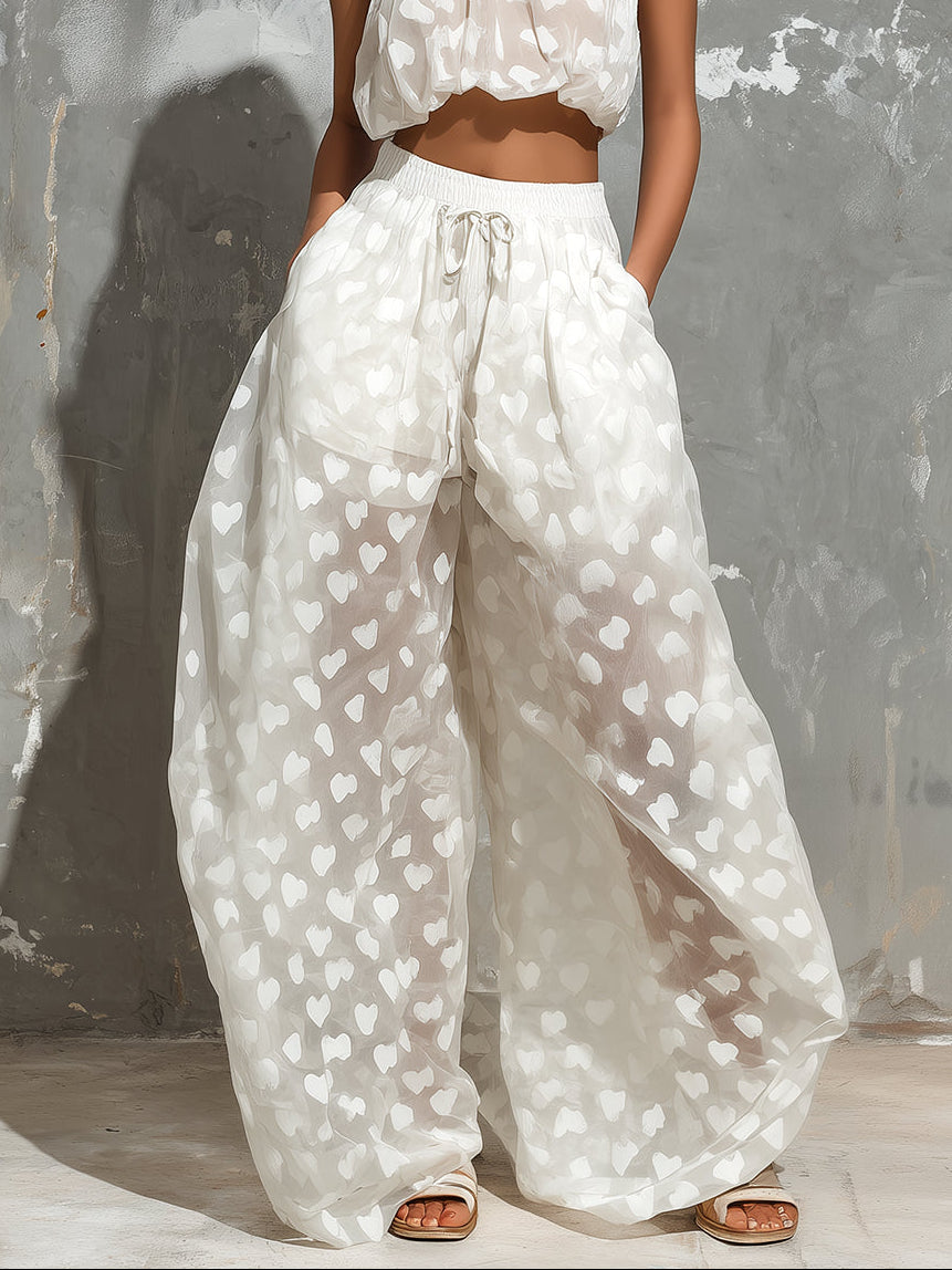 Chic Sheer Organza Print Tank Top Wide-Leg Pants Two-Piece Set