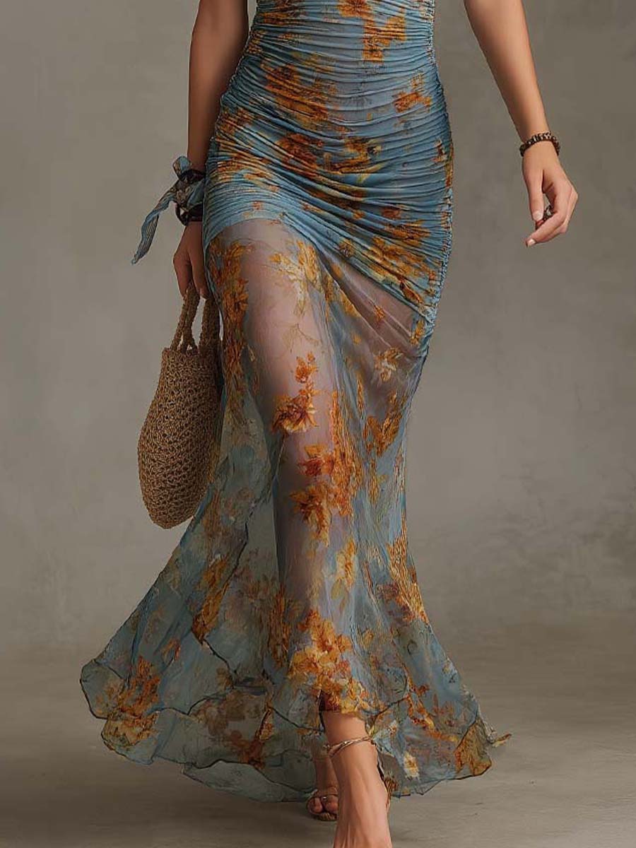 Vintage floral sheer stretchy mesh halter-neck pleated fishtail maxi dress