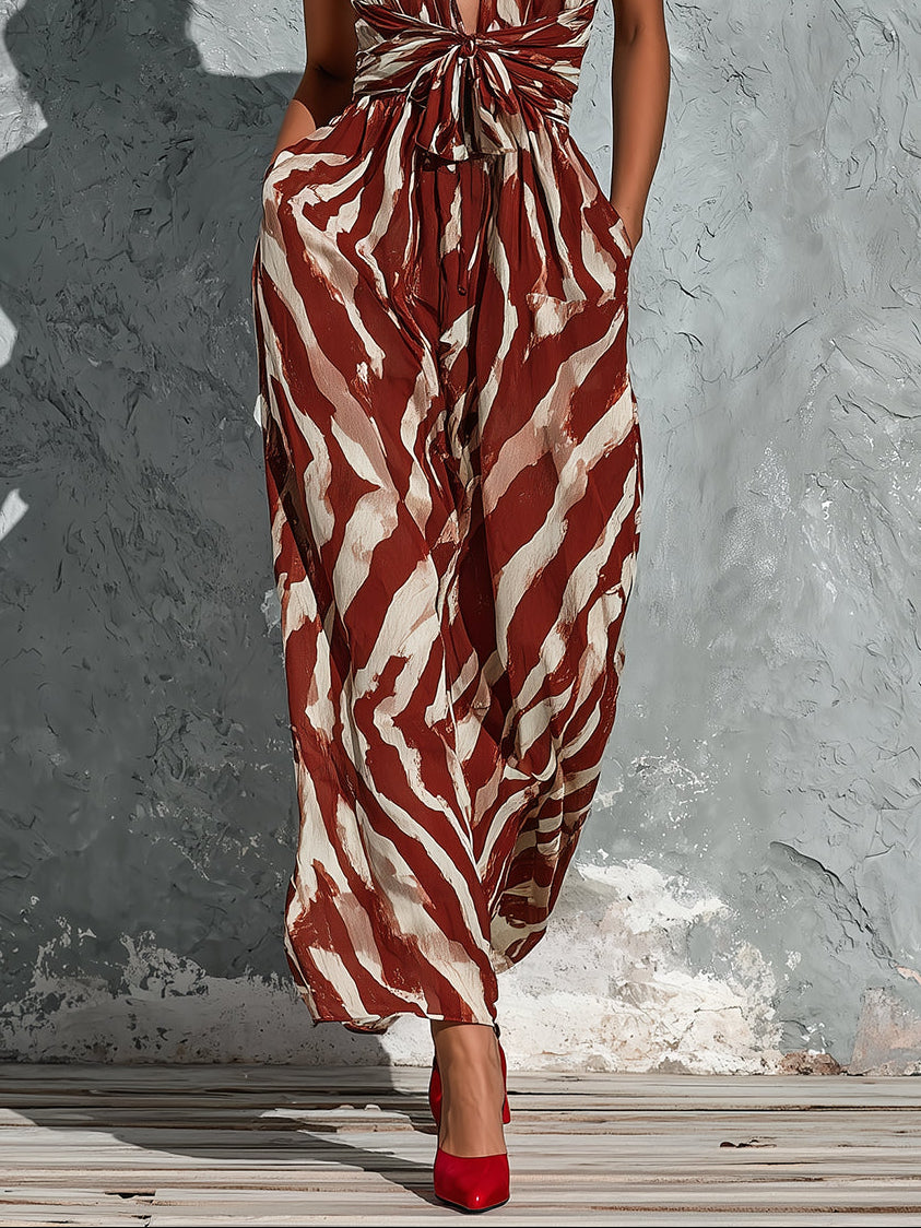 Abstract Zebra Print Halter-Neck Wide-Leg Jumpsuit with Waist Tie