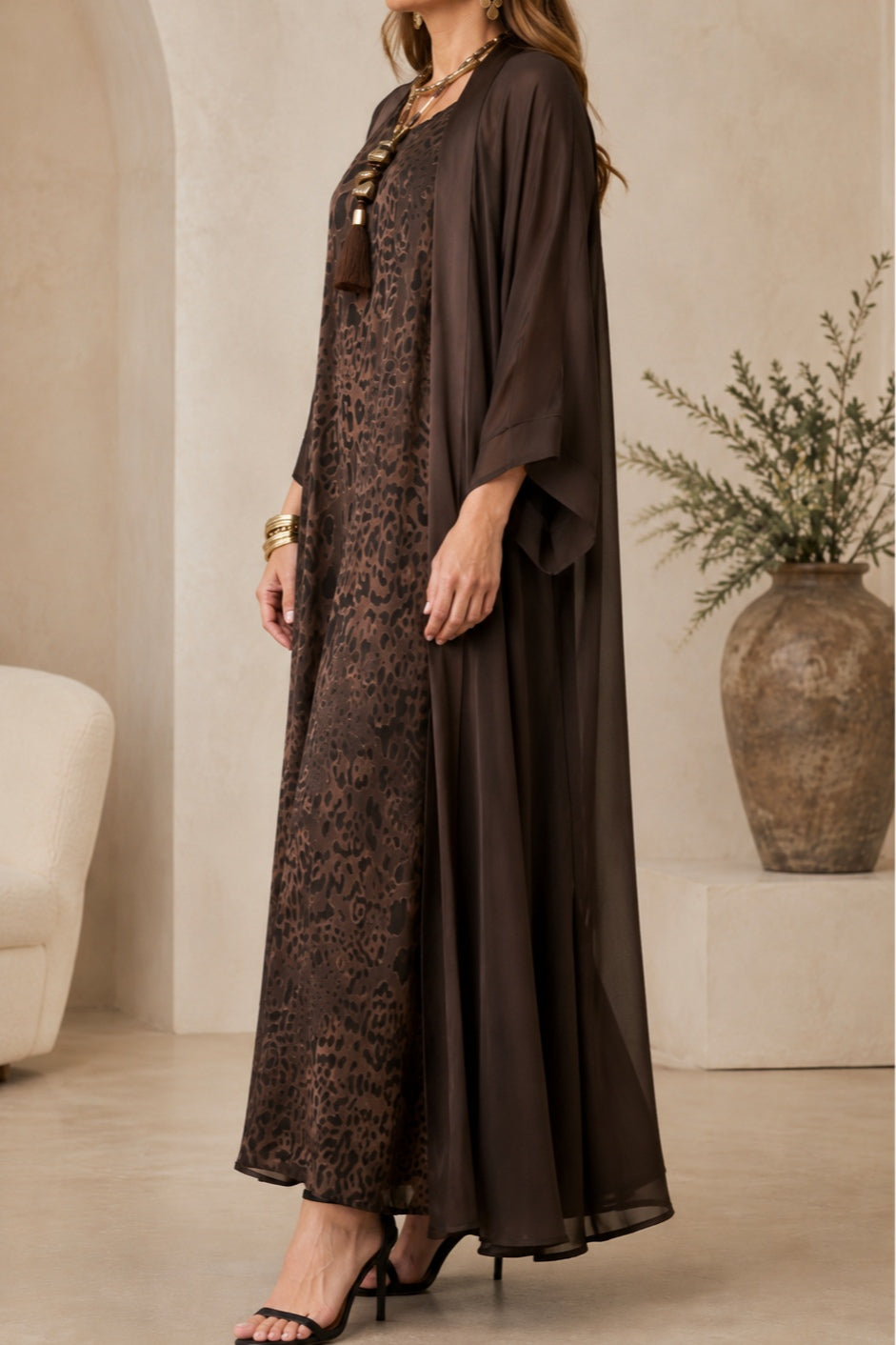 Brown Leopard Print Maxi Dress with Sheer Duster Set