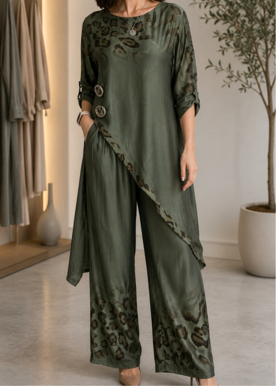 Two-piece set with green gradient leopard print