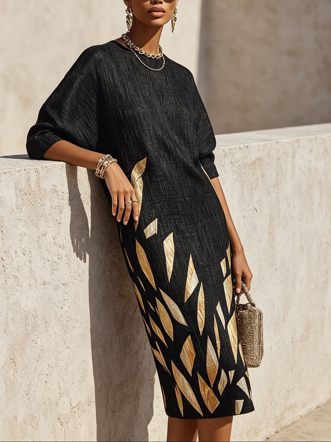 Black Oversized Textured Print Midi Dress