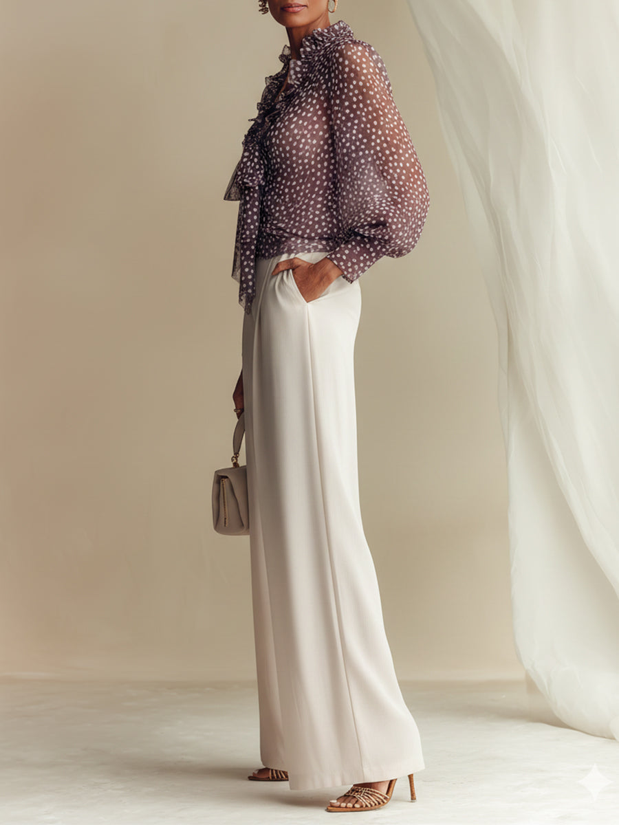 Purple Polka-Dot Chiffon Shirt and Pants Set
