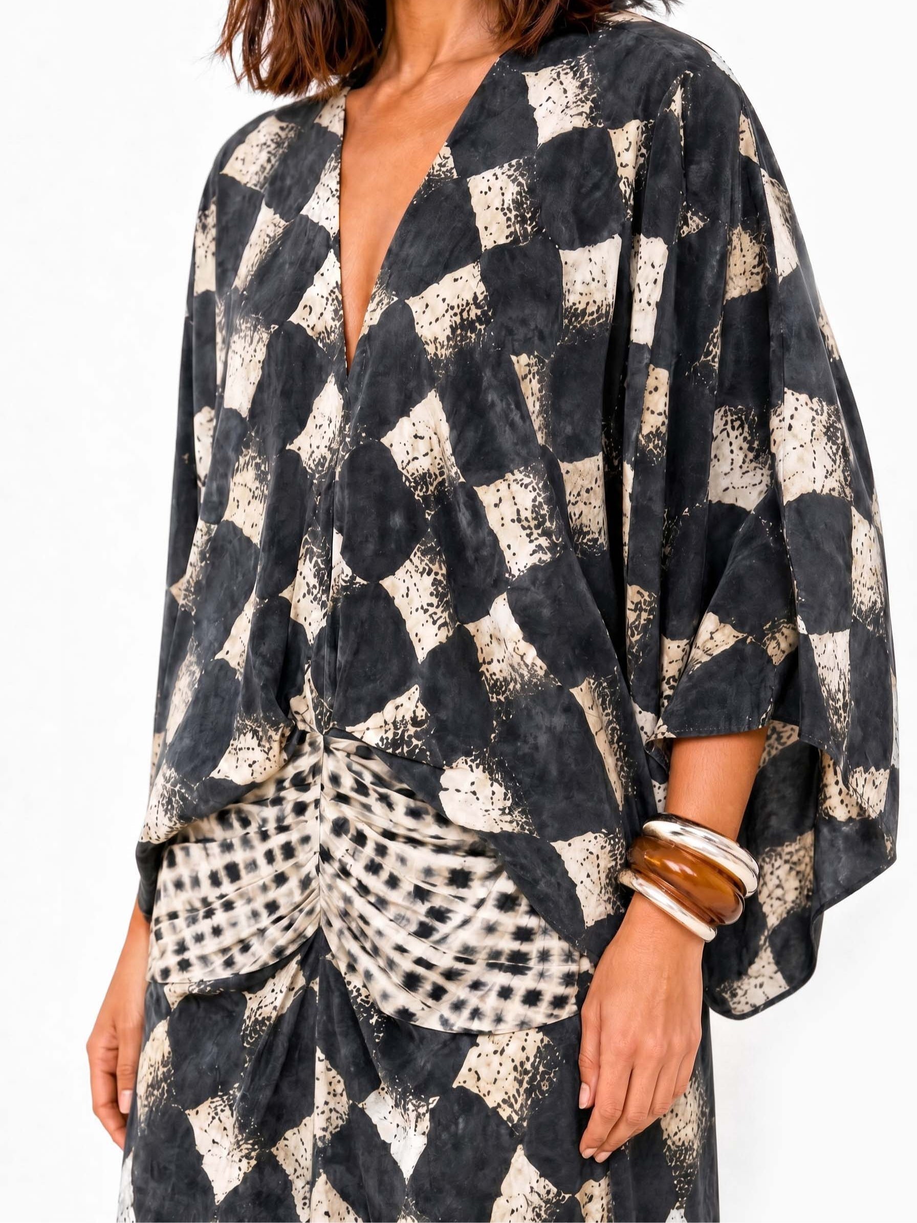 Casual Abstract Checkered Print Kimono-Sleeve Maxi Dress