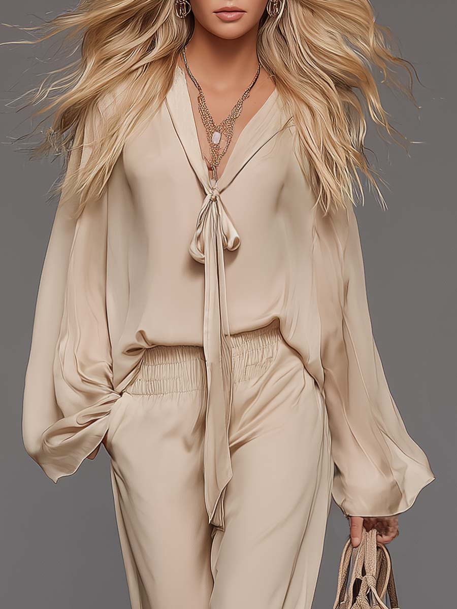 Beige Lace-Up Front V-Neck Chiffon Blouse and Pants Set