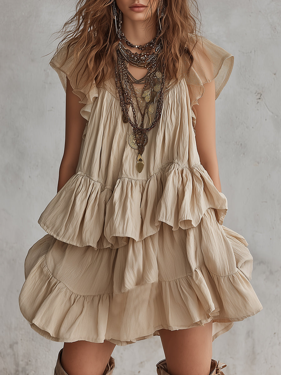 Bohemian Chiffon Patchwork Multi-layered Ruffle Mini Dress