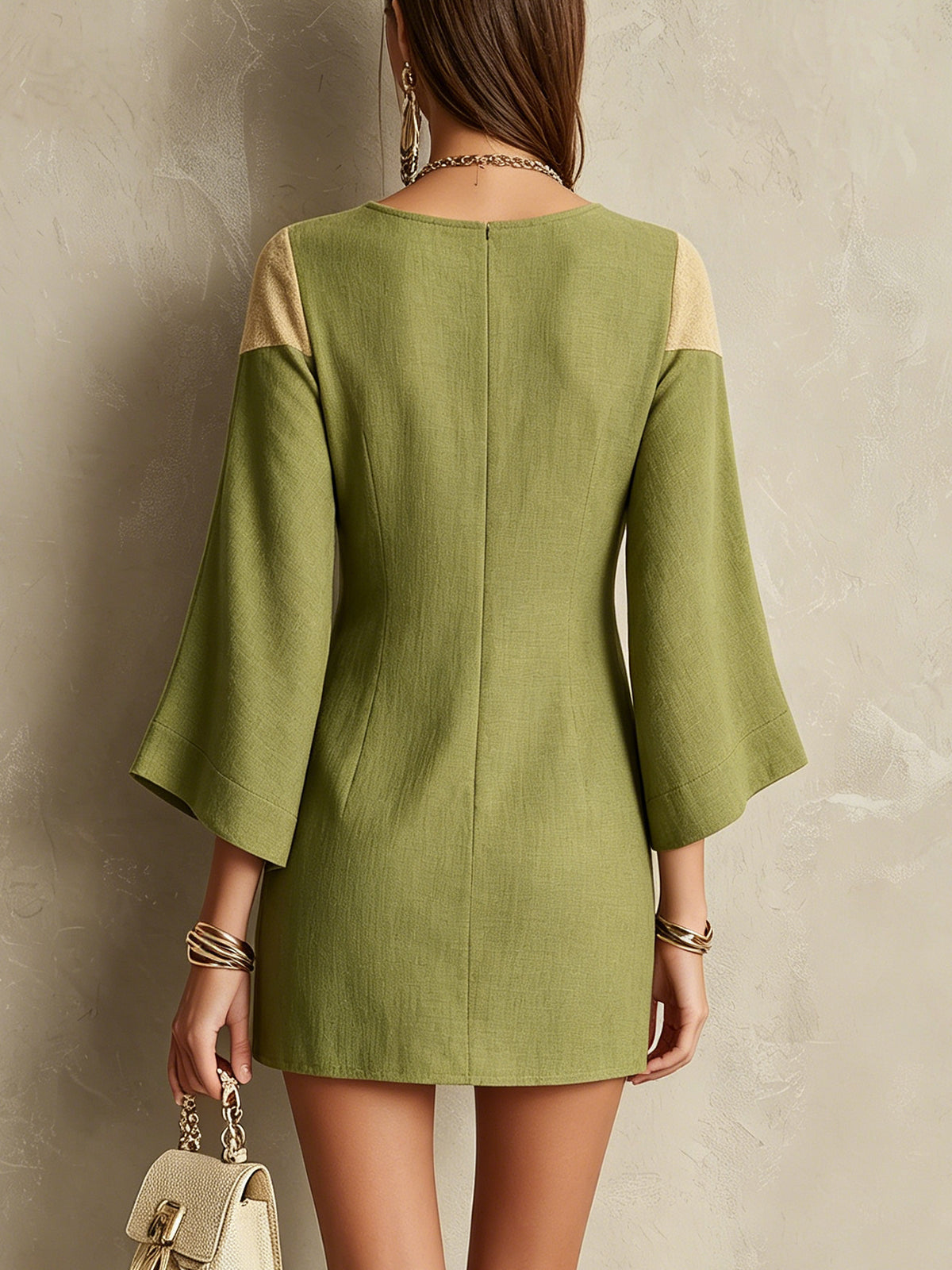 Elegant Green and Beige Embroidered Square-Neck Mini Dress