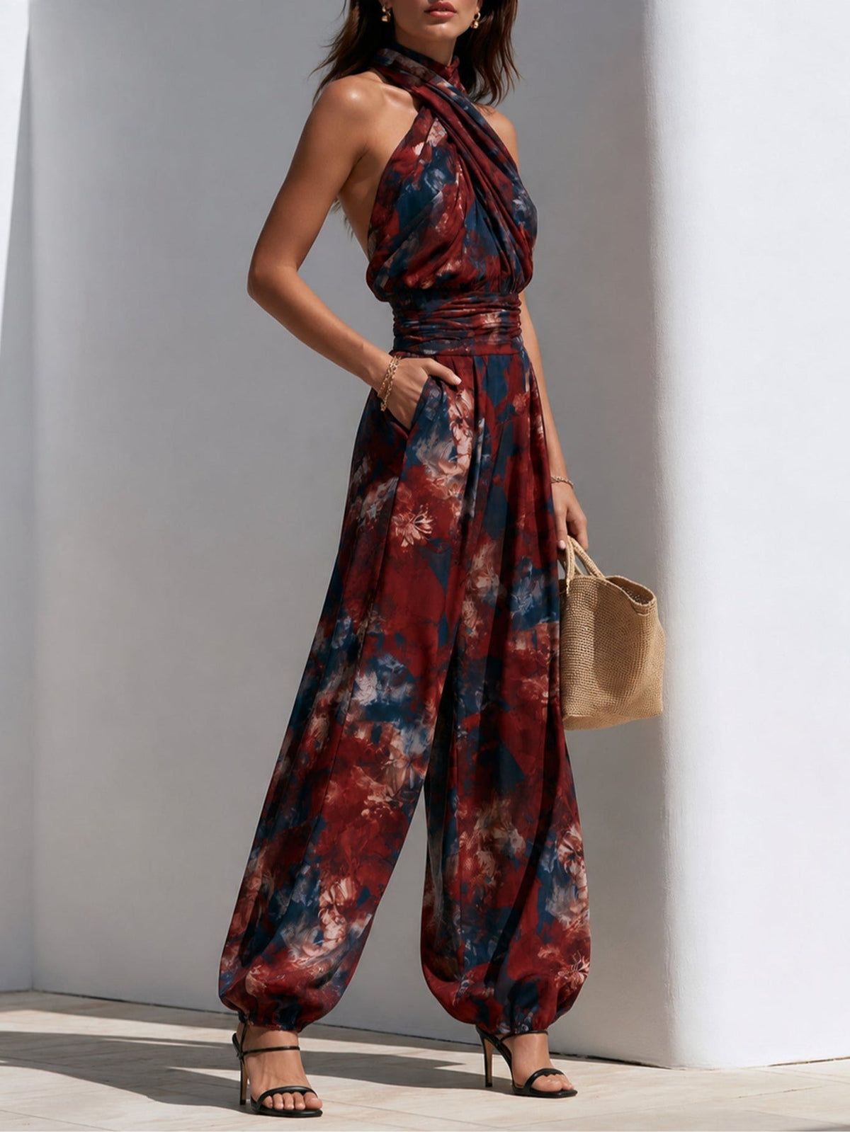 Red and Blue Abstract Print Crisscross Halter Jumpsuit