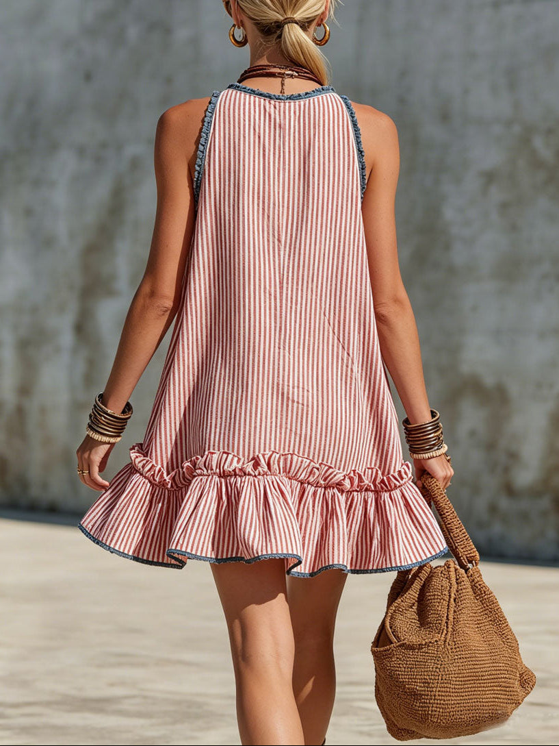 Retro Red and White Striped Ruffled Sleeveless Mini Dress