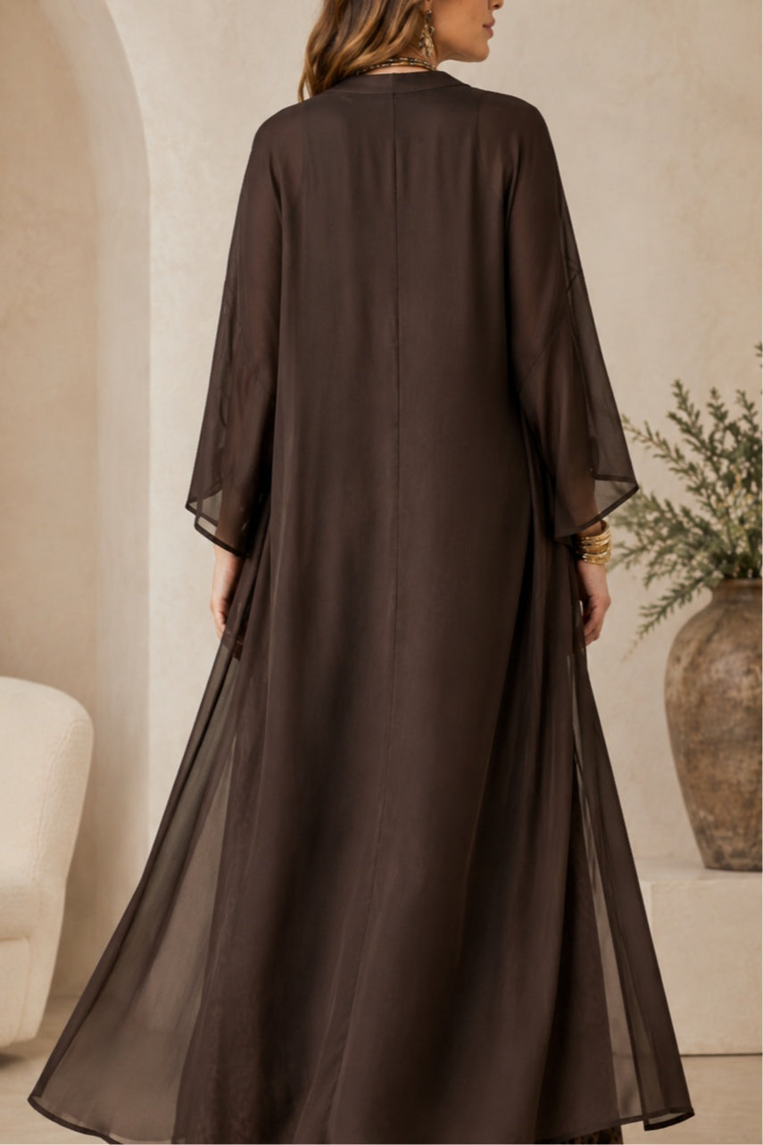 Brown Leopard Print Maxi Dress with Sheer Duster Set