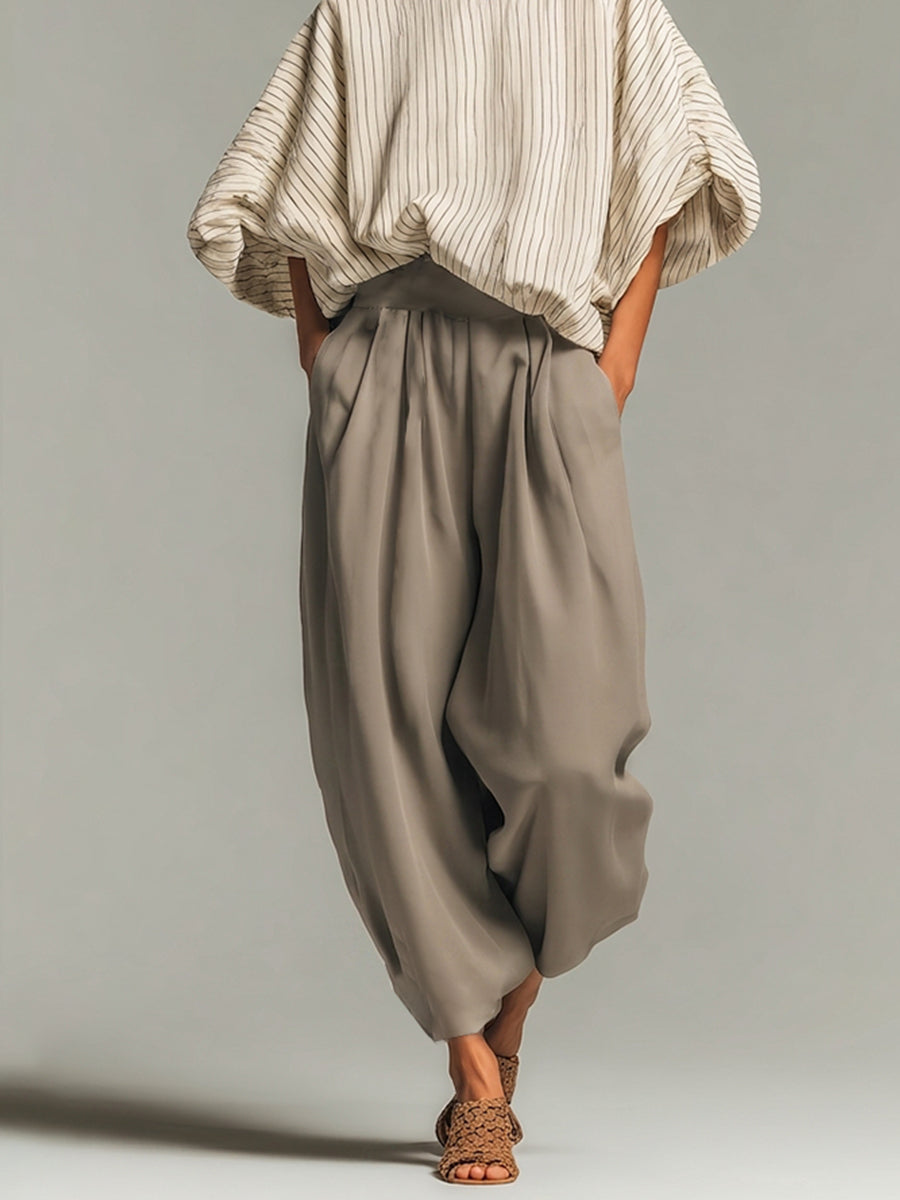 Beige Fine-Striped Top and Long Pants Set