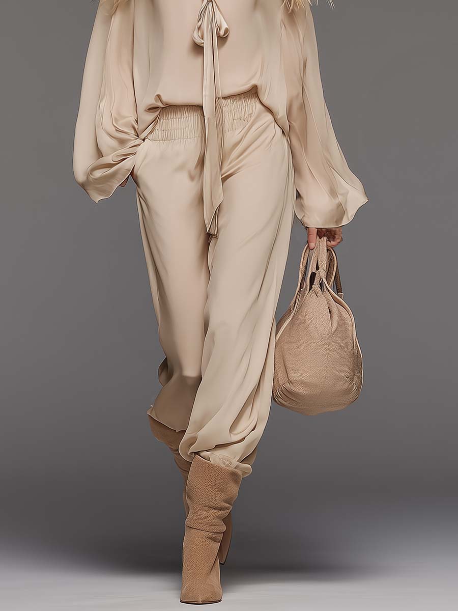 Beige Lace-Up Front V-Neck Chiffon Blouse and Pants Set