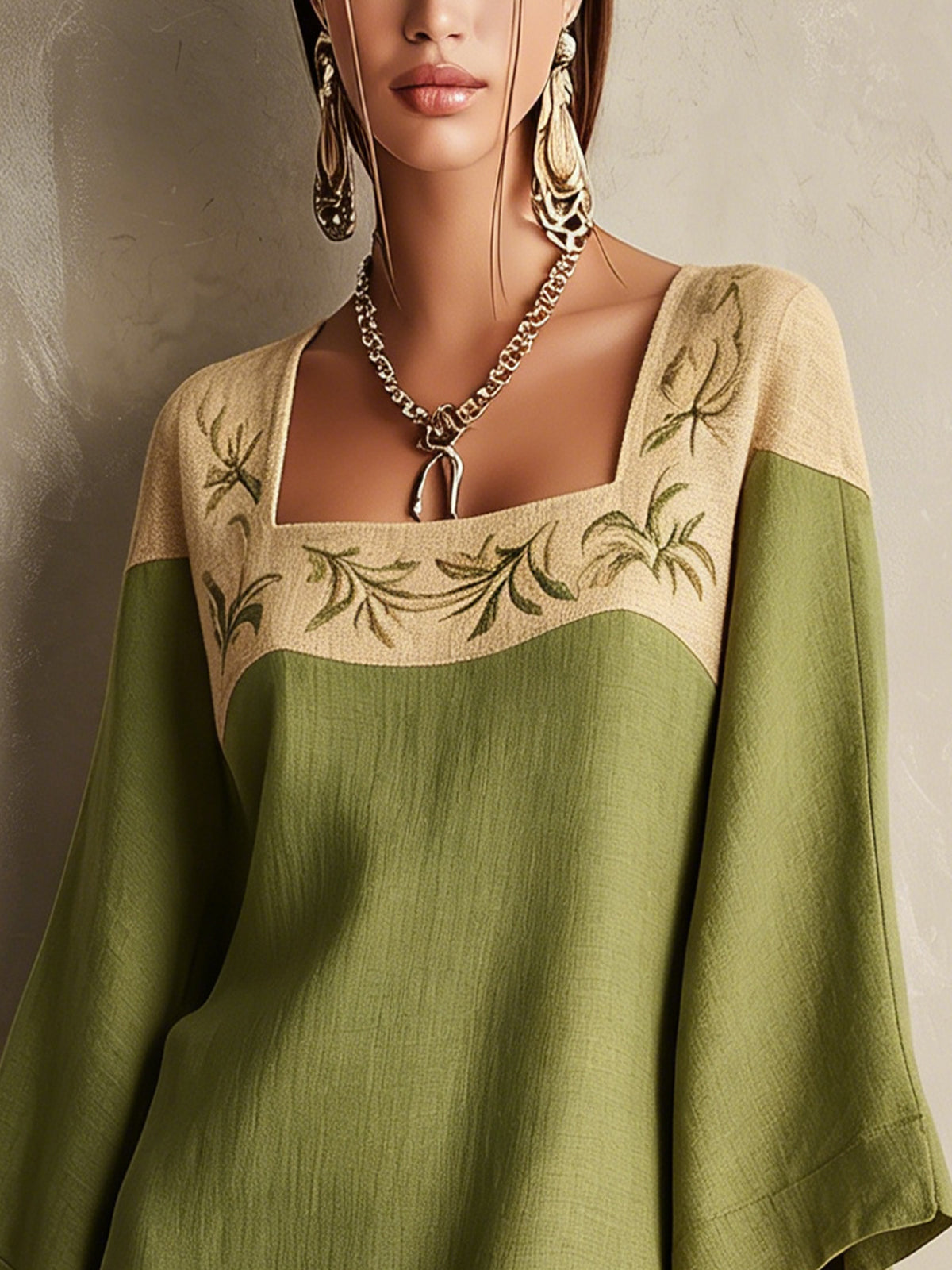 Elegant Green and Beige Embroidered Square-Neck Mini Dress