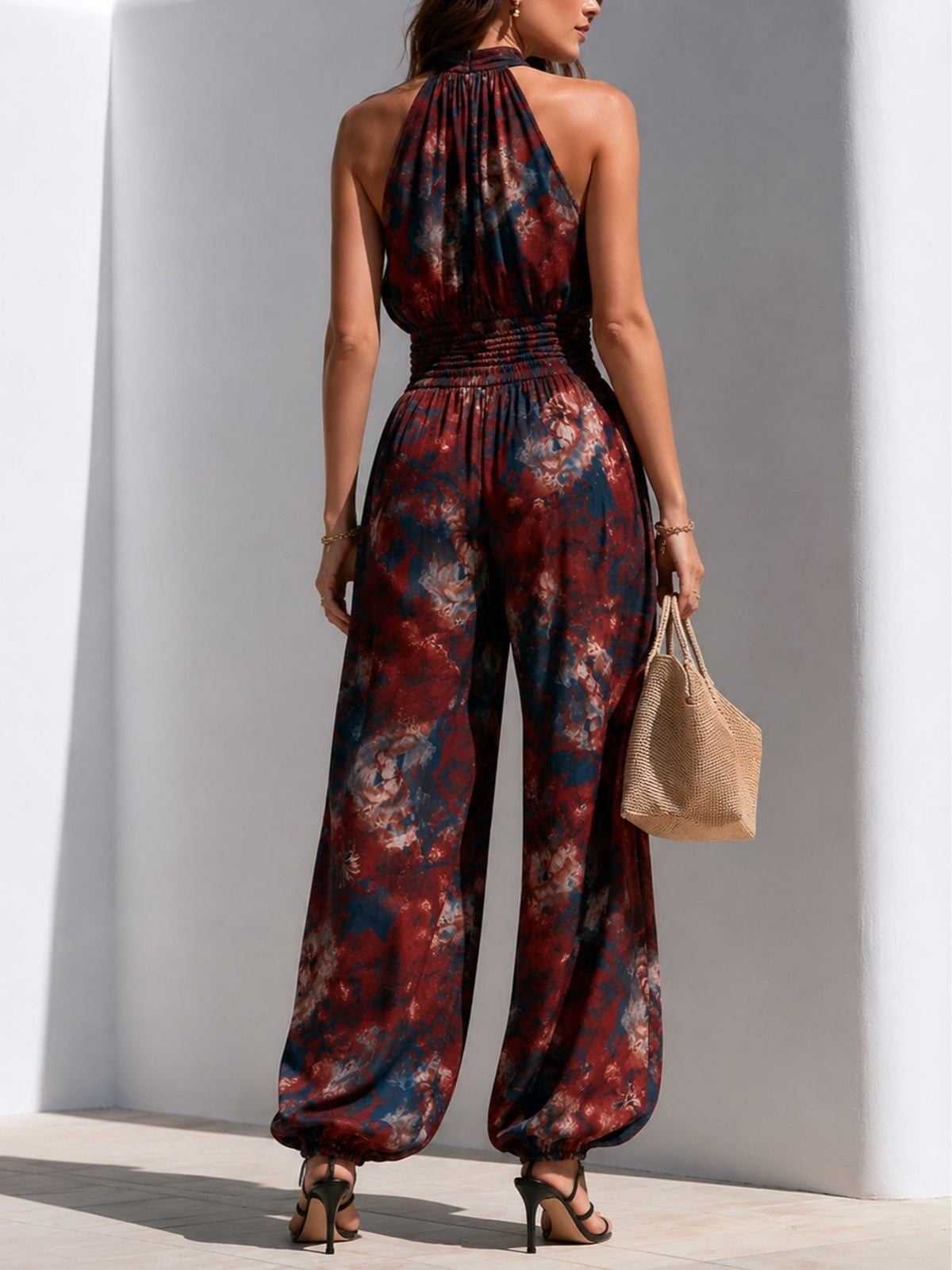 Red and Blue Abstract Print Crisscross Halter Jumpsuit