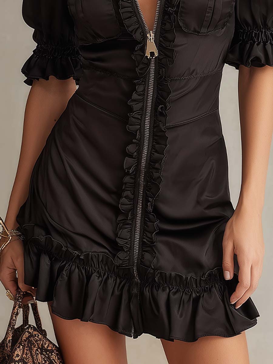 Black Satin Stand-Up Collar Zipper Ruffled Mini Dress