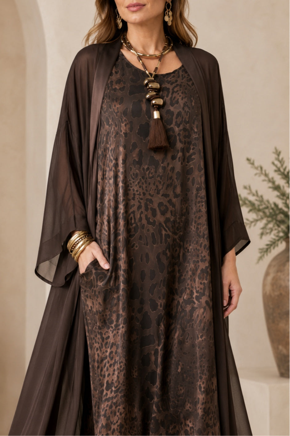 Brown Leopard Print Maxi Dress with Sheer Duster Set