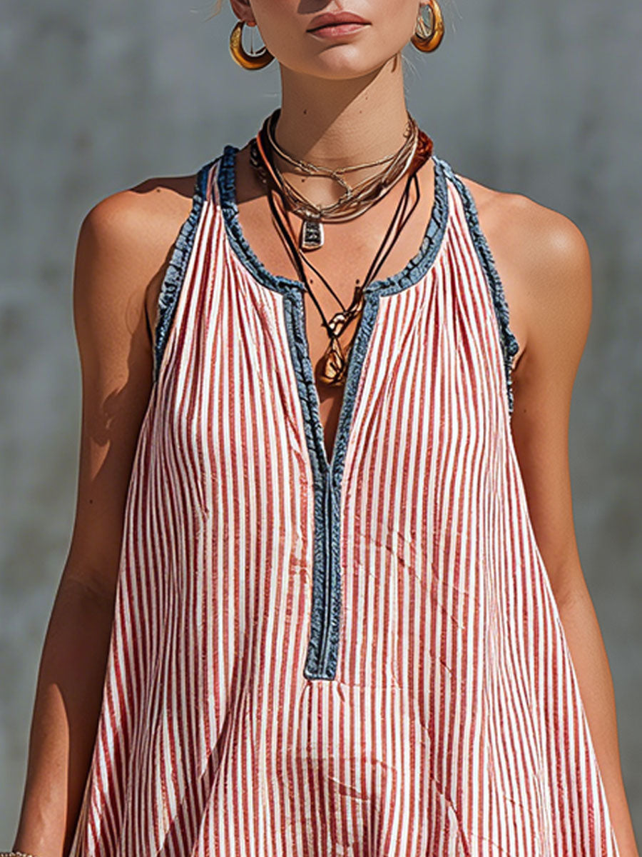 Retro Red and White Striped Ruffled Sleeveless Mini Dress