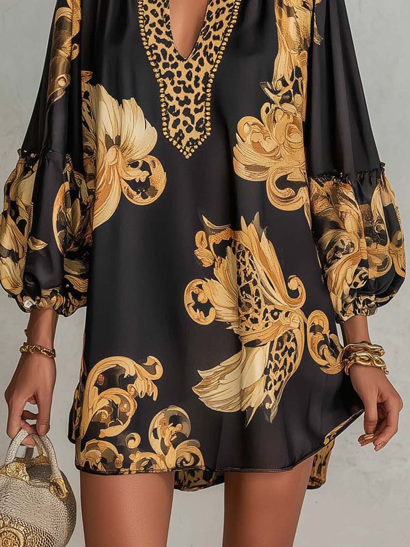 Black Retro Baroque-Print V-Neck Mini Dress