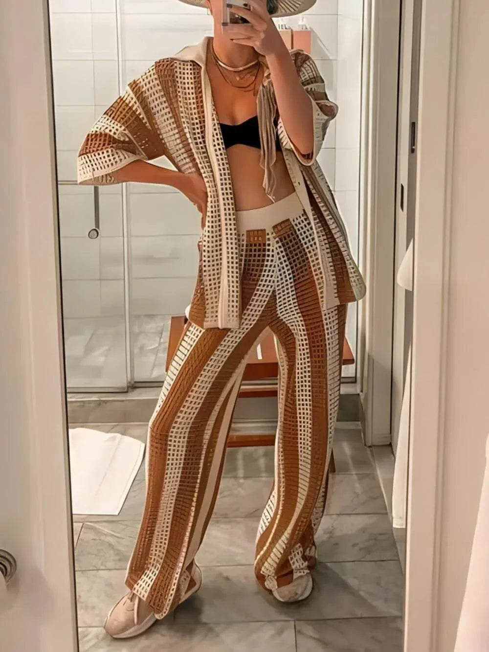 Loose V-Neck Fashion Hollow Out Striped Shirt Wide Leg Pants Set