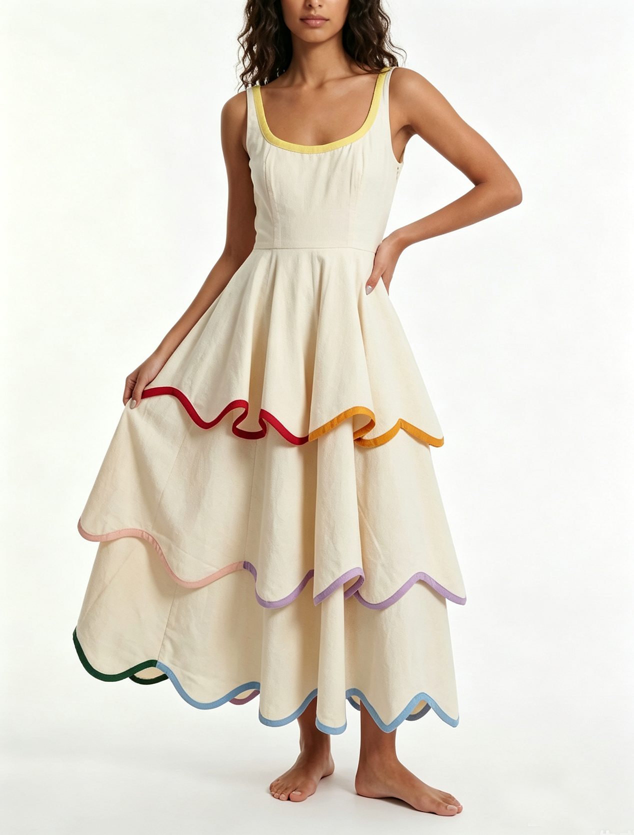 White Contrast Trim Spaghetti Strap Tiered Midi Dress