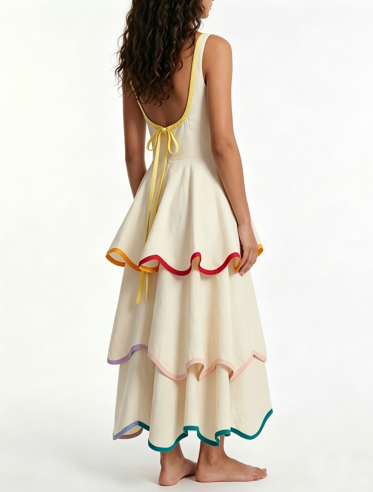 White Contrast Trim Spaghetti Strap Tiered Midi Dress
