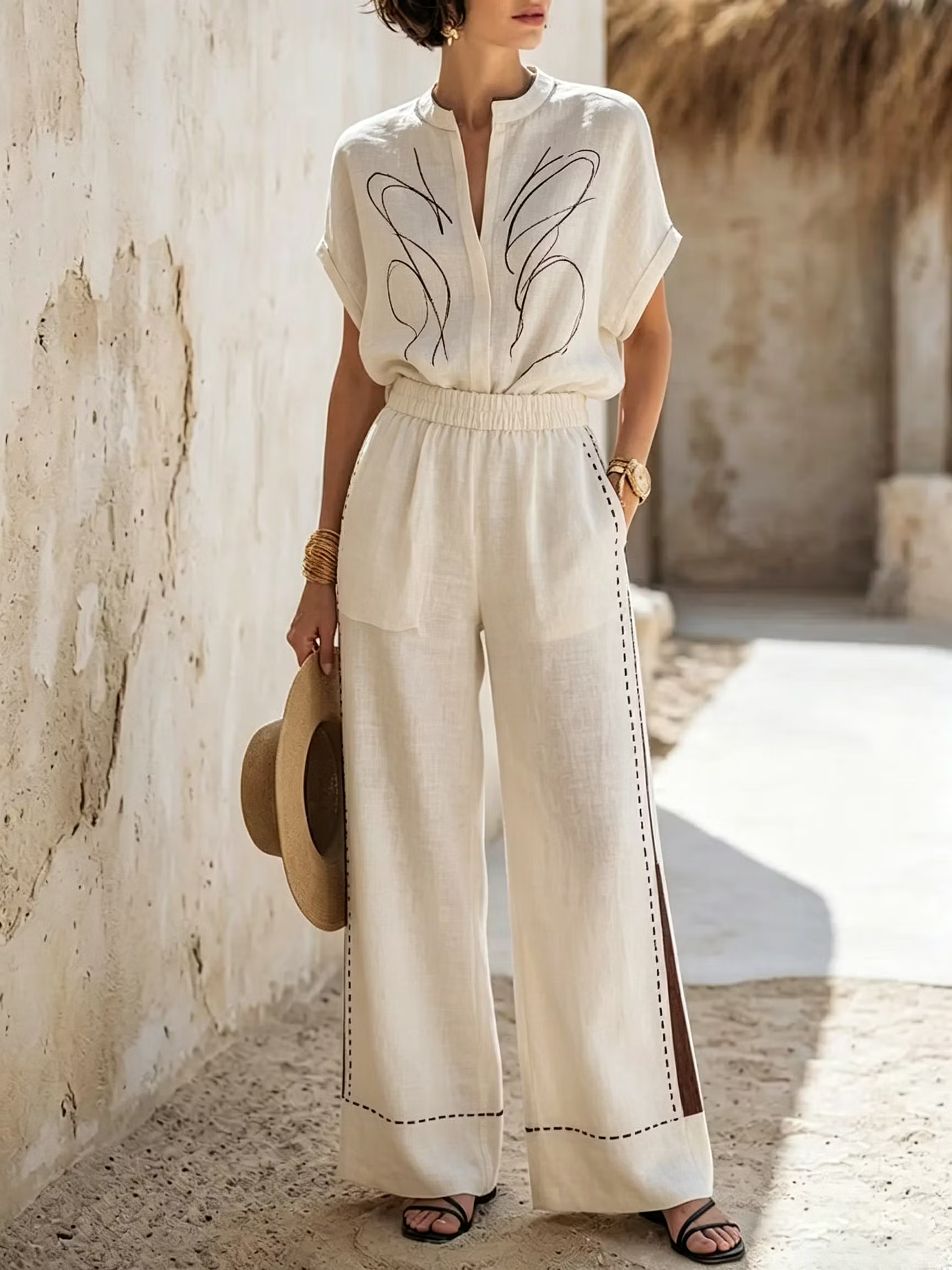 White Round Neck Short Sleeve Loose Pant Set