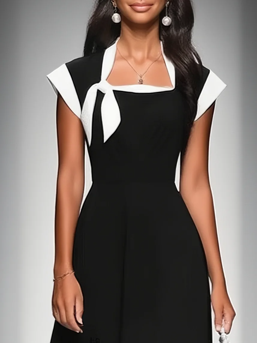 Women's Black Square Neck Cap Shoulder Sleeve Waist Midi Dress