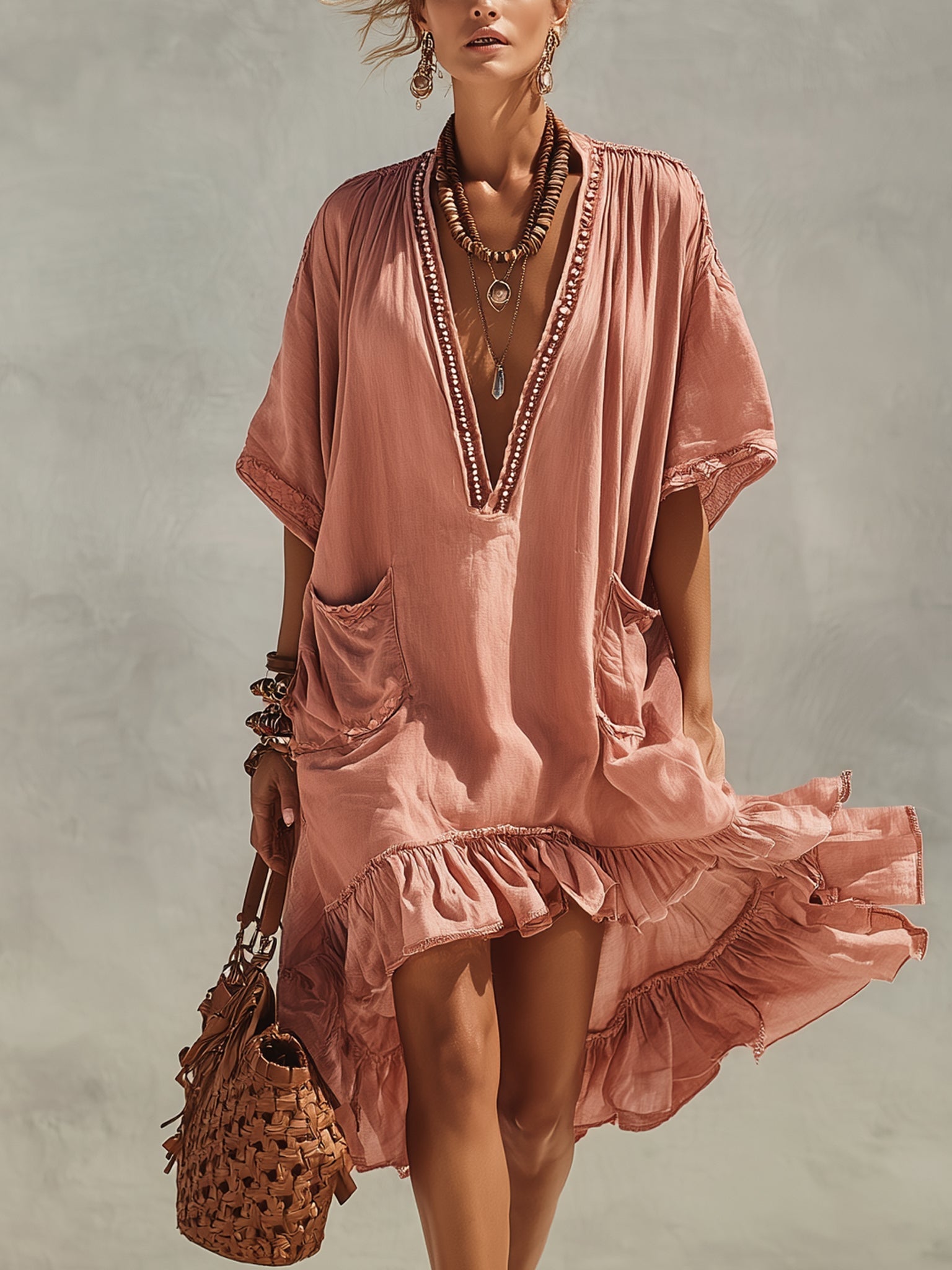 Pink V-neck Ruffled skirt hem Loose Pocketed Midi Dress