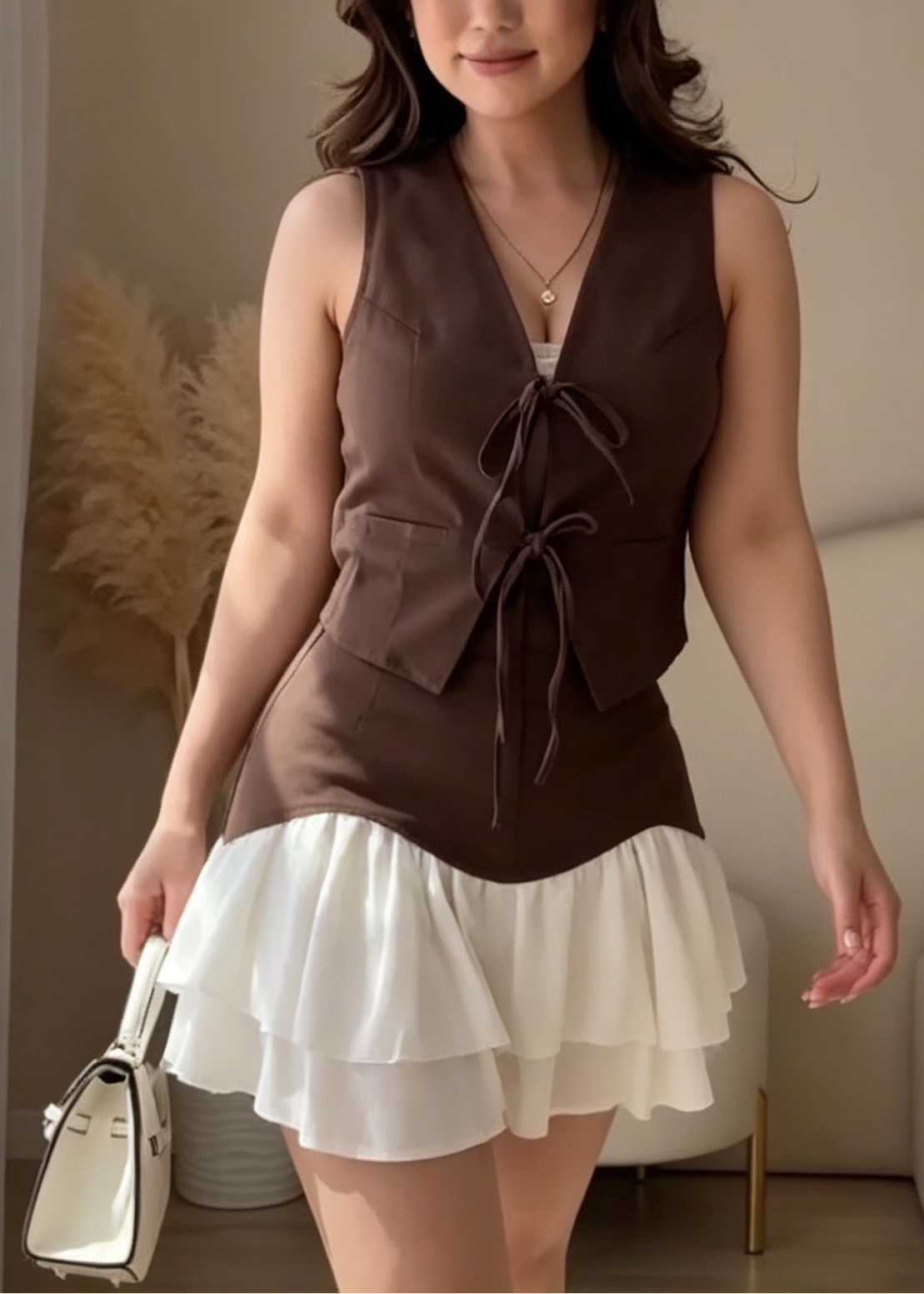 Dark Brown Sleeveless Lace-up Vest And Two-tone Ruffled Mini Skirt 2-Piece Set