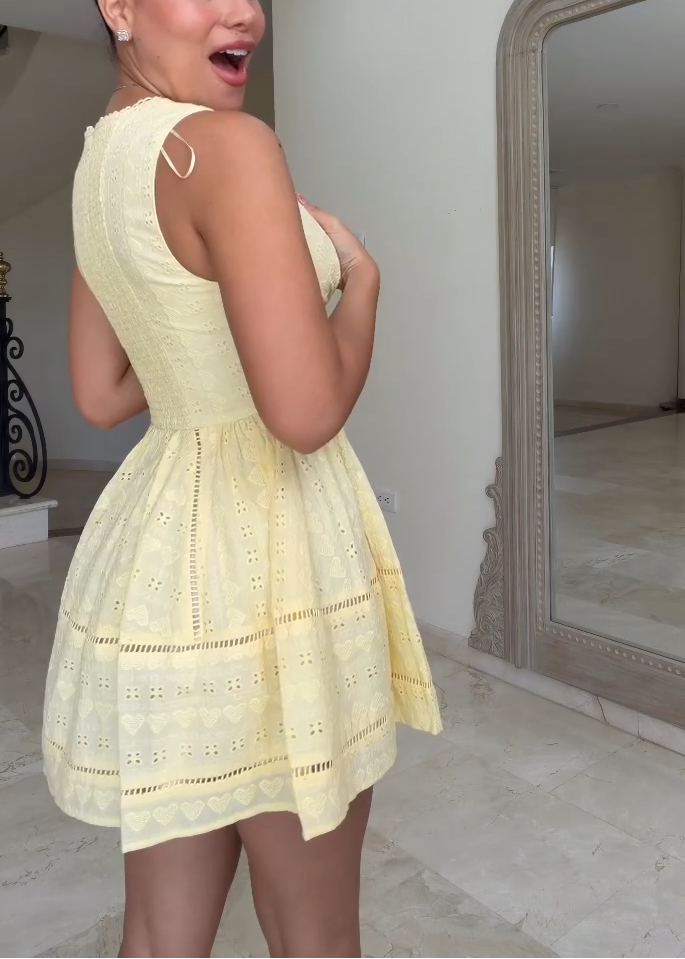 Light Yellow Lace-trimmed Deep V-neck Sleeveless Playful A-line Mini Dress