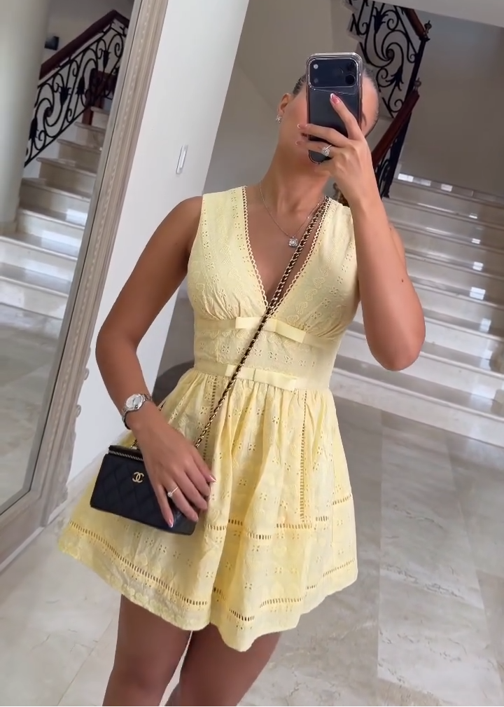 Light Yellow Lace-trimmed Deep V-neck Sleeveless Playful A-line Mini Dress