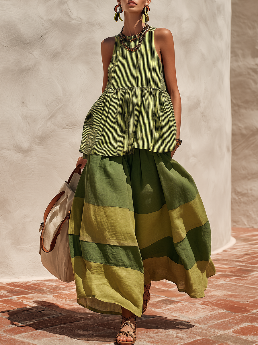 Green Retro-chic Striped Top And Color-blocked Wide-leg Pants