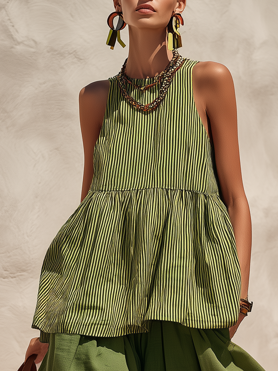 Green Retro-chic Striped Top And Color-blocked Wide-leg Pants