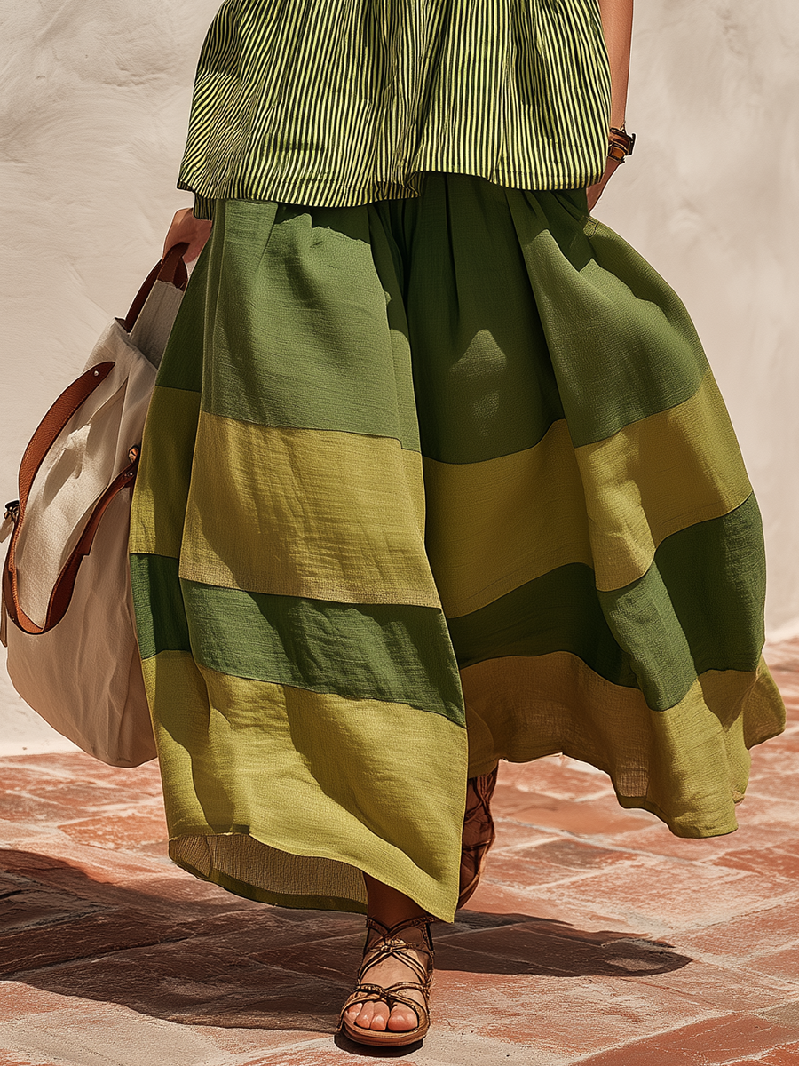 Green Retro-chic Striped Top And Color-blocked Wide-leg Pants