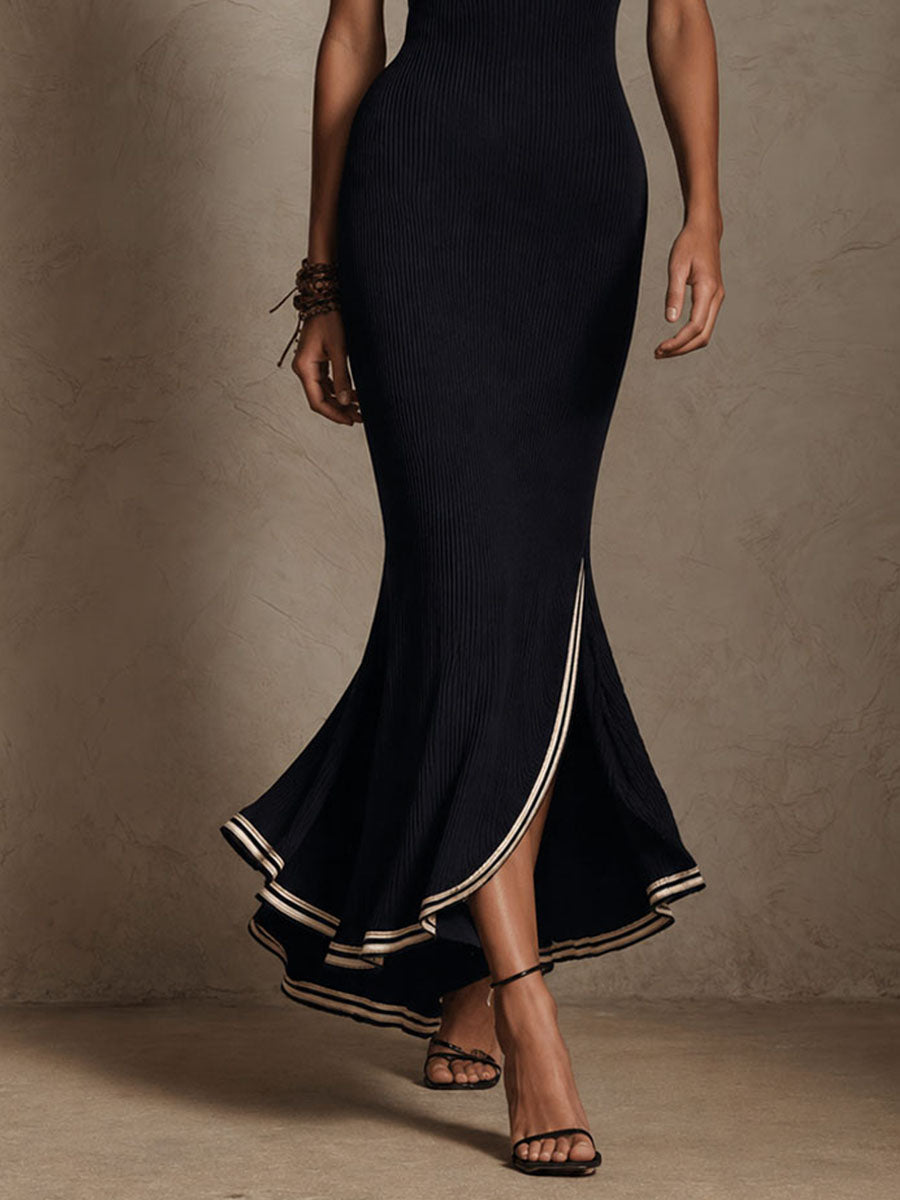 Retro Black Ribbed Slit Sleeveless Maxi Dress