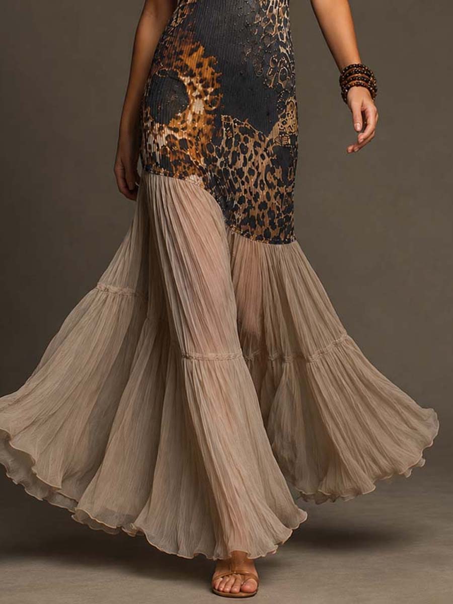 Retro Leopard Print Halter-neck Ribbed Ruffles Chiffon Maxi Dress