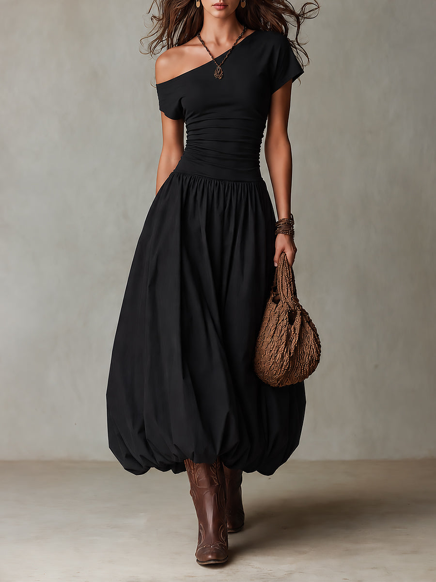 Playful-style One-shoulder Balloon Hem Maxi Dress