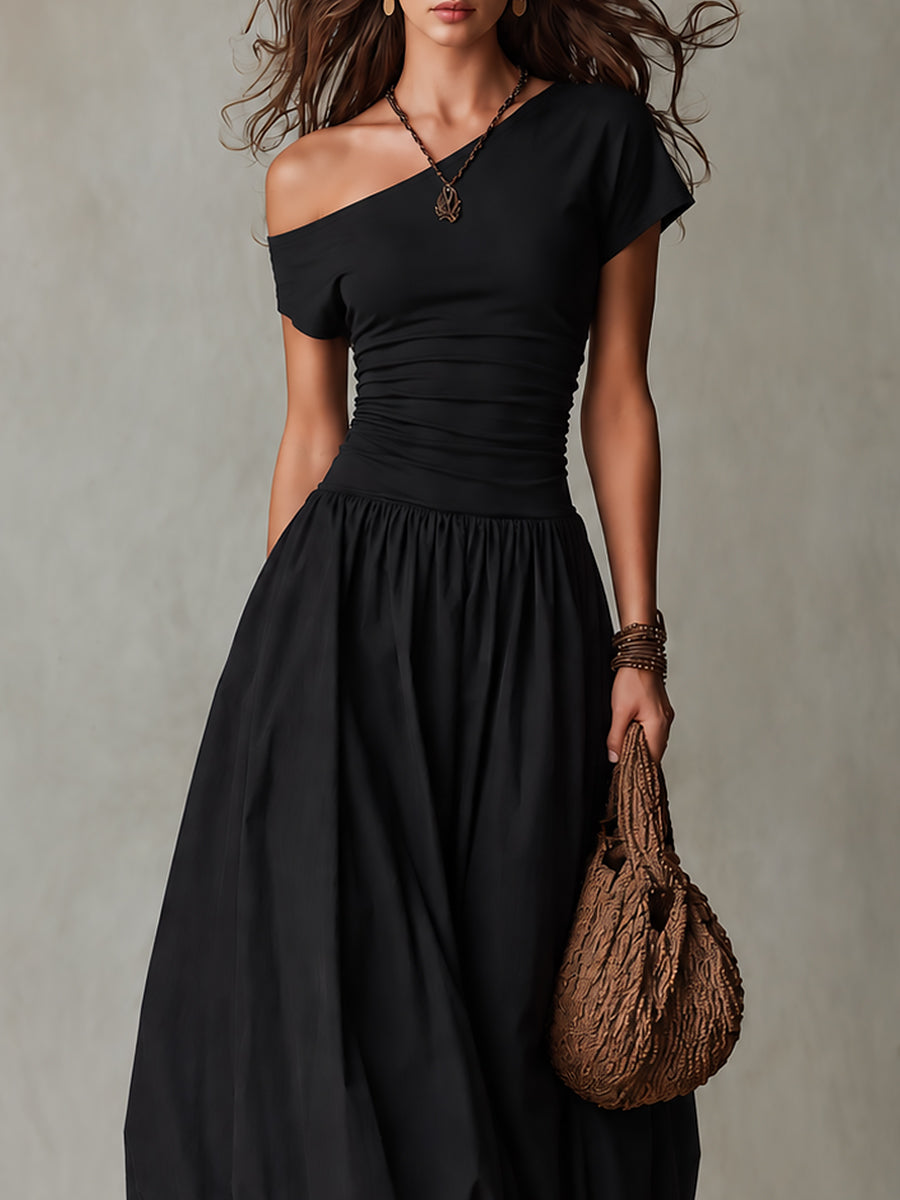 Playful-style One-shoulder Balloon Hem Maxi Dress