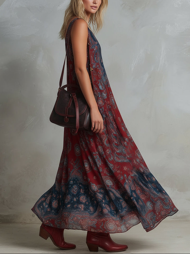 Retro Ethnic Bohemian Print Chiffon Sleeveless Maxi Dress