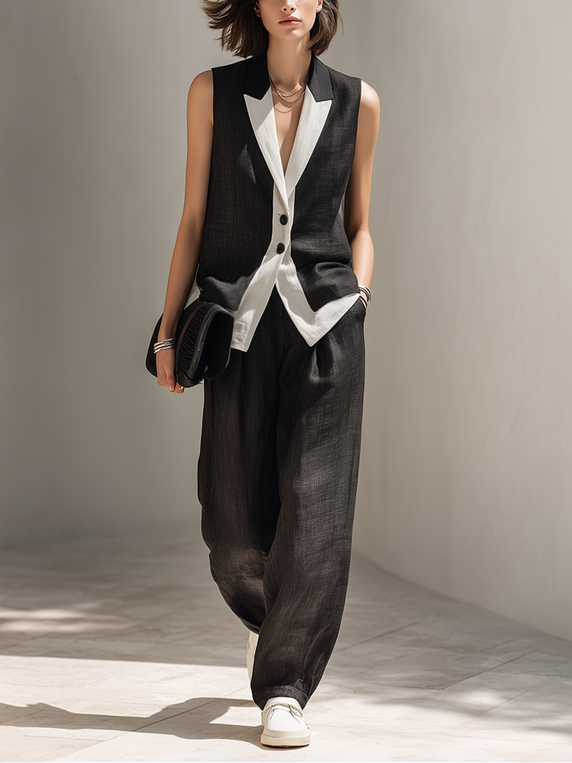Women's White Patchwork Lapel Black Sleeveless Vest And Wide-Leg Pants Set