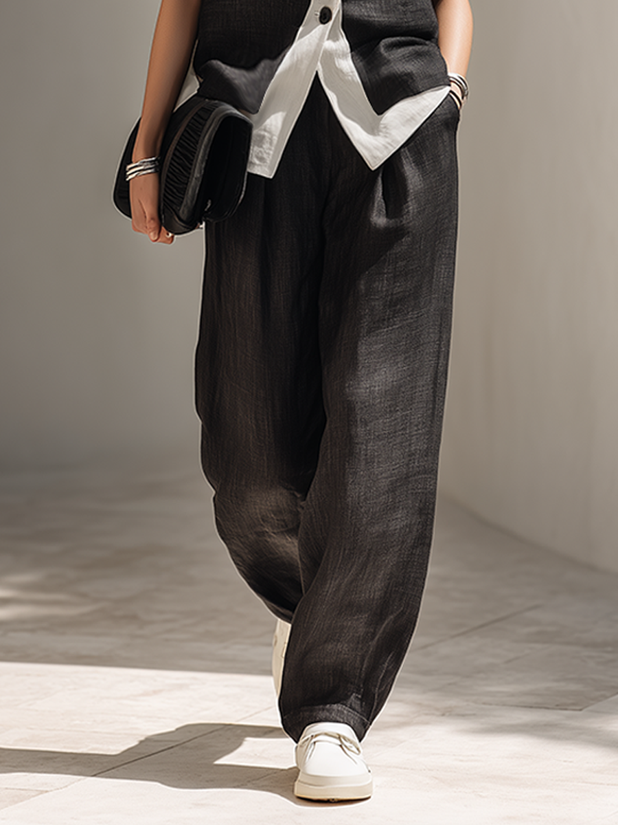 Women's White Patchwork Lapel Black Sleeveless Vest And Wide-Leg Pants Set