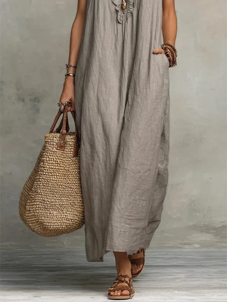 Women's Solid Color Ruffled Art Casual Fashion Cozy Cotton Linen Dress