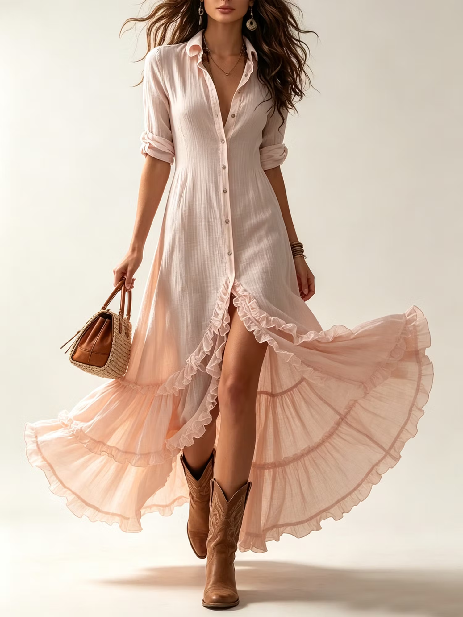 Pink Shirt Ruffle Hem Maxi Dress