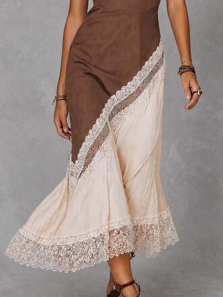 Brown Spaghetti Strap Contrast Panel Slim Midi Dress